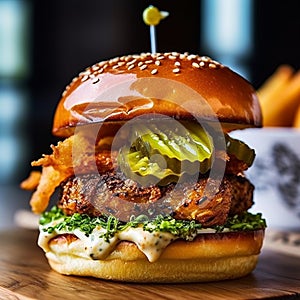 A tantalizing jumbo burger with a succulent chicken patty, tangy pickles, and a soft brioche bun.