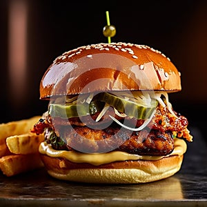 A tantalizing jumbo burger with a succulent chicken patty, tangy pickles, and a soft brioche bun.