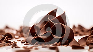 Tantalizing Macro Shot of Chocolate Shavings Unfurling from Block on White Background