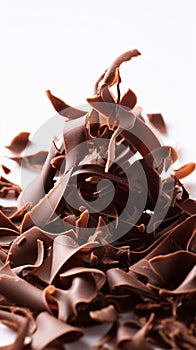 Tantalizing Macro Shot of Chocolate Shavings Unfurling from Block on White Background