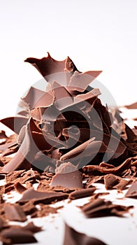 Tantalizing Macro Shot of Chocolate Shavings Unfurling from Block on White Background