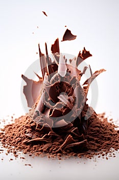 Tantalizing Macro Shot of Chocolate Shavings Unfurling from Block on White Background