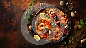 A tantalizing pan of seafood paella, a traditional Spanish dish with shrimp, mussels, and spices