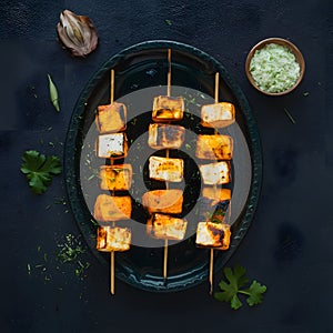 Tantalizing paneer tikka skewers with charred edges, a savory delight
