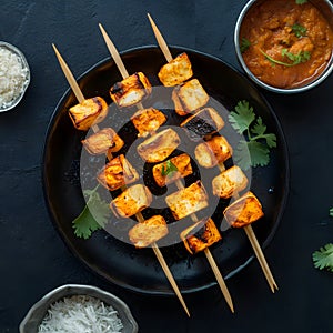 Tantalizing paneer tikka skewers with charred edges, a savory delight