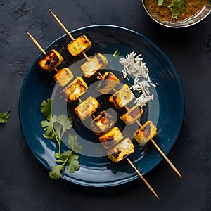 Tantalizing paneer tikka skewers with charred edges, a savory delight