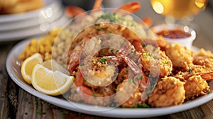 A tantalizing selection of flaming seafood featuring ery lobster tails crunchy fried crab cakes and y Cajunstyle shrimp