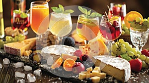 A tantalizing spread of gourmet cheese selections paired with colorful fruitinfused mocktails photo