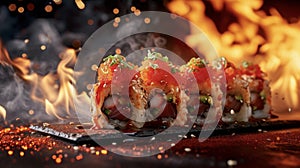 A tantalizing sushi roll bursting with fiery ingredients resembling a mini volcano. Fiery red sauces and perfectly diced