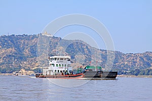Ship At Ayeyarwady River and Tantkyitaung Pagoda, Tantkyi Hill, Myanmar