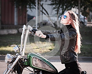 Tanya. motorcycle, black jacket, half height!
