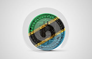 Tanzania flag on a bitcoin cryptocurrency coin. 3D Rendering