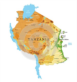 Tanzania highly detailed physical map