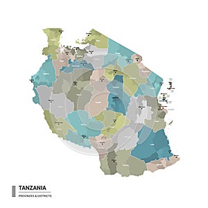 Tanzania higt detailed map with subdivisions