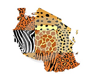 Tanzania map animal print vector silhouette illustration isolated. Safari animals fur skin collection.