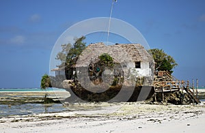 Tanzania, Zanzibar - February 2018. Unusual restaurant on the rock.