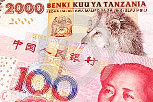 Tanzanian money with a Chinese yuan banknote in macro
