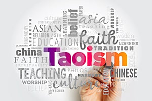 Taoism refers to a school of philosophical thought, word cloud concept background