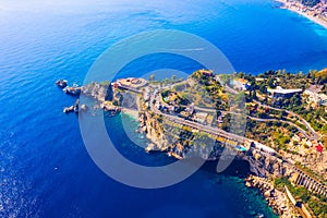 Taormina is a city on the island of Sicily, Italy. Mount Etna over Taormina cityscape, Messina, Sicily. View of Taormina located