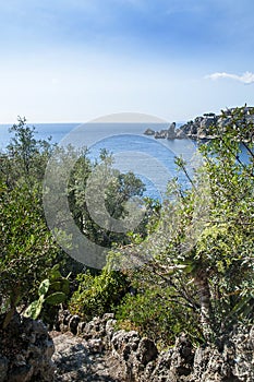 Taormina Mare or Mazzaro with Isola Bella and beach, Taormina, Sicily, Italy