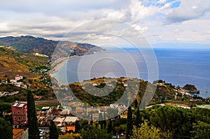 Taormina Mare or Mazzaro with Isola Bella and beach, Taormina, Sicily, Italy