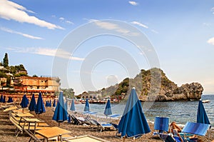 Taormina Mare or Mazzaro with Isola Bella and beach, Taormina, Sicily, Italy