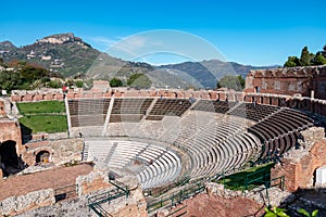 Taormina - Scenic interior view on the ancient Greek theater of Taormina, island Sicily, Italy, Europe, EU.