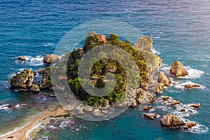 Taormina, Sicily - Beautiful landscape view of Isola Bella, the small Sicilian island of the mediterranean with beach