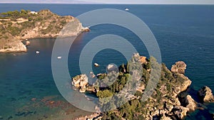 Taormina Sicily Isola Bella beach from the sky aerial view voer the Island and the beach by Taormina Sicily Italy