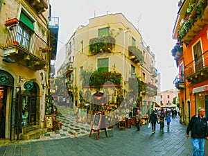 Taormina, Sicily, Italy - May 05, 2014: View over the main street in Taormina, Sicily, Italy, Europe