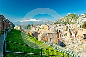 Taormina, Sicily. View of town, theater and Etna