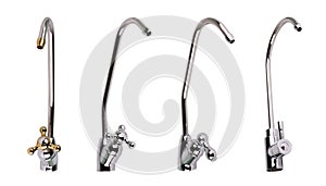 Tap for clean water. Set of metal 4 pcs. Isolated on white background. Application osmosis purification system, water