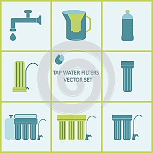 Tap water filter icon set. Drink water purification filters