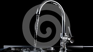 A tap from which water flows on a black background.