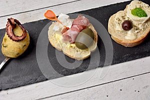 Tapas appetizer with italian ingredients mozzarella cheese tomatoes gorgonzola salami olive octopuss bread