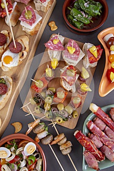 Tapas appetizers on table - view from above