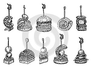 Tapas and canape image set. food hand drawn sketch vector illustration