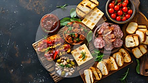 Tapas selection with grilled bread, meats, and dipping sauces.