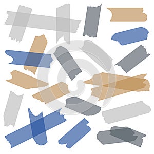 Tape adhesive. Transparent sticky tape, paper masking pieces with glue of adhesive strips. Gray blue and beige torn