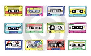 Tape cassette. Retro 90s audio mixtape. Vintage compact stereo player records. 80s style retro rock and pop songs mix