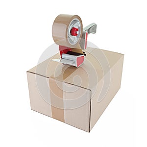 Tape gun and cardboard box on white with clipping path