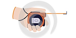 Tape measure in hand. Holding and using measurement tool, meter roulette. Repair and building work instrument for precise length photo