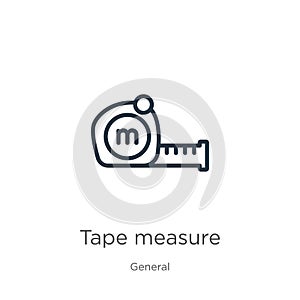 Tape measure icon. Thin linear tape measure outline icon isolated on white background from general collection. Line vector tape