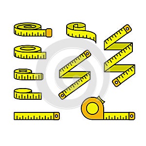 Tape measure icons - set of measuring tapes and ruler reels, centimeter