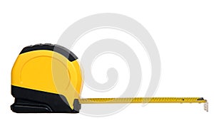 Tape measure with tape extended 6 inches, isolated