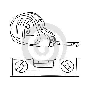 Tape Measure and waterpass, black and white Line art