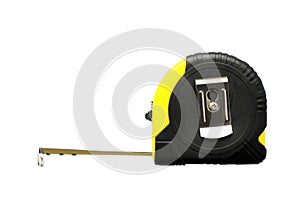 Tape measure on a white background. A useful building tool. Tape measure close-up