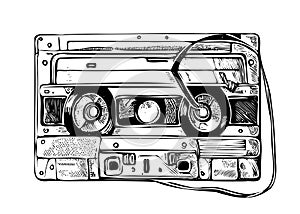 Tape recorder cassette hand drawn sketch in doodle style