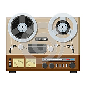 Tape recorder, deck or machine in retro style with bobbins. Sound retro audio device.