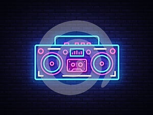 Tape recorder neon signboard vector. Retro Music neon glowing symbol, Retro Style 80-90s Light Banner, neon icon, design